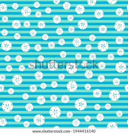 Seamless sand dollar vector pattern. Repeat summer background with shell elements. Trendy ocean blue beach fashion print design. Modern illustration.