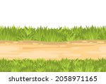 Seamless sand road. Horizontal border composition. Summer meadow landscape. Juicy grass. Rural rustic scenery. Cartoon design. Flat style art illustration. Isolated on white background. Vector.