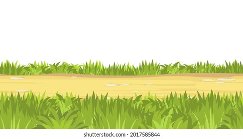 Seamless sand road. Horizontal border composition. Summer meadow landscape. Juicy grass. Rural rustic scenery. Cartoon design. Flat style art illustration vector