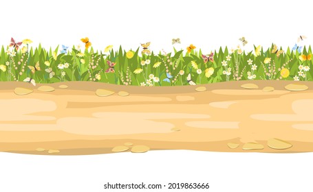 Seamless sand road. Horizontal border composition. Summer meadow landscape. Juicy grass. Rural rustic scenery. Cartoon design. Flat style art illustration vector