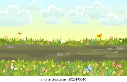 Camino de arena sin mar. Composición de borde horizontal. Paisaje de verano. Hierba jugosa. Paisaje rústico rural. Diseño de caricaturas. vector de ilustración de estilo plano