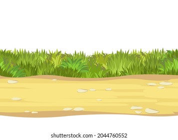 Seamless sand road. Horizontal border composition. Summer meadow landscape. Juicy grass. Rural rustic scenery. Cartoon design. Flat style art illustration. Isolated on white background. Vector.