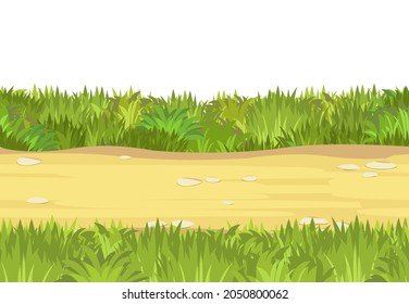 Seamless sand road. Horizontal border composition. Summer meadow landscape. Juicy grass. Rural rustic scenery. Cartoon design. Flat style art illustration. Isolated on white background. Vector.