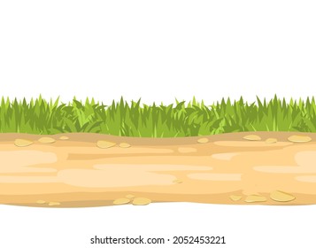Seamless sand road. Horizontal border composition. Summer meadow landscape. Juicy grass. Rural rustic scenery. Cartoon design. Flat style art illustration. Isolated on white background. Vector.
