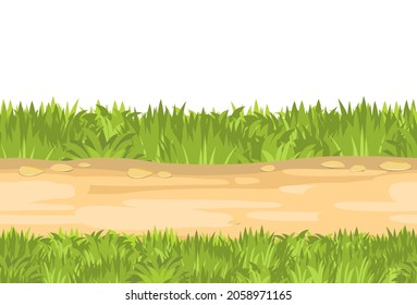 Camino de arena sin mar. Composición de borde horizontal. Paisaje de verano. Hierba jugosa. Paisaje rústico rural. Diseño de caricaturas. Ilustración de arte de estilo plano. Aislado sobre fondo blanco. Vector.