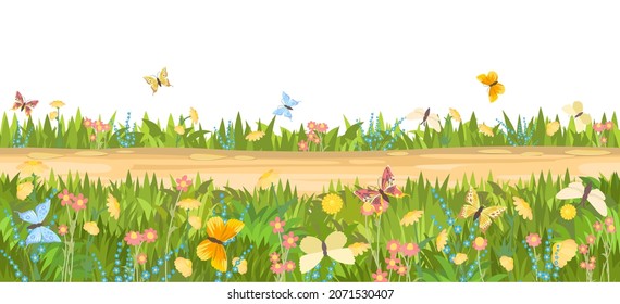 Seamless sand road. Horizontal border composition. Summer meadow landscape. Juicy grass. Rural rustic scenery. Cartoon design. Flat style art illustration vector