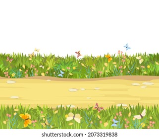 Seamless sand road. Horizontal border composition. Summer meadow landscape. Juicy grass. Rural rustic scenery. Cartoon design. Flat style art illustration vector