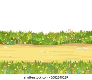 Nahtlose Sandstrasse. Horizontale Grenzzusammensetzung. Sommerwiese. Juckes Gras. Ländliche rustikale Landschaft. Cartoon-Design. Flaches Kunstillustration. Einzeln auf weißem Hintergrund. Vektorgrafik.