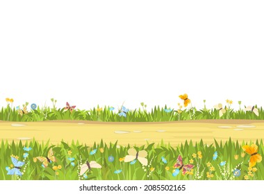 Seamless sand road. Horizontal border composition. Summer meadow landscape. Juicy grass. Rural rustic scenery. Cartoon design. Flat style art illustration. Isolated on white background. Vector.