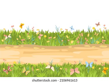 Seamless sand road. Horizontal border composition. Summer meadow landscape. Juicy grass. Rural rustic scenery. Cartoon design. Flat style art illustration. Isolated on white background. Vector.