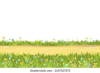 Seamless Sand Road. Horizontal Border Composition. Summer Meadow Landscape. Juicy Grass. Rural Rustic Scenery. Cartoon Design. Flat Style Art Illustration. Isolated On White Background. Vector.