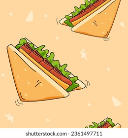 sándwich sin soldadura, sándwich de triángulo, desayuno, verduras, queso, carne, bacon, jamón, bollo, patrón de fondo, póster, papel de pared, papel de envoltura, ilustración vectorial