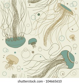 Seamless sandy marine pattern with medusas. Ocean background. Vector illustration