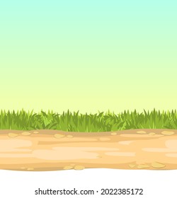Seamless sandy road. Horizontal border composition. Summer meadow landscape. Juicy grass. Rural rustic scenery. Cartoon design. Flat style art illustration vector