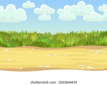 Seamless sandy road. Horizontal border composition. Summer meadow landscape. Juicy grass. Rural rustic scenery. Cartoon design. Flat style art illustration vector