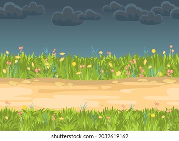 Seamless sandy road. Horizontal border composition. Summer meadow landscape. Juicy grass. Rural rustic scenery. Cartoon design. Flat style art illustration. Vector.