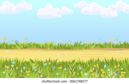 Seamless sandy road. Horizontal border composition. Summer meadow landscape. Juicy grass. Rural rustic scenery. Cartoon design. Flat style art illustration. Vector.