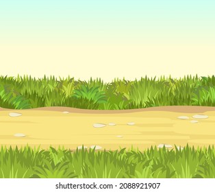 Seamless sandy road. Horizontal border composition. Summer meadow landscape. Juicy grass. Rural rustic scenery. Cartoon design. Flat style art illustration. Vector.