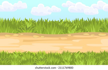 Seamless sandy road. Horizontal border composition. Summer meadow landscape. Juicy grass. Rural rustic scenery. Cartoon design. Flat style art illustration. Vector.