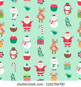 Seamless of santa claus, animals and decorative elements for christmas and new year background