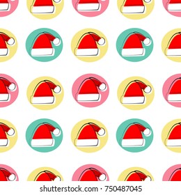 Seamless Santa Hat background repeating vector pattern. Retro style flat color line art on a white background.