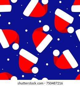 Seamless Santa Hat background repeating vector pattern. Scattered hats in red and white colors over a dark blue background with dots for snow. Useful for holiday projects and Christmas in July project