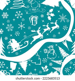 Seamless santa pattern with reindeer. Santa claus is driving down the road. Vector illustration