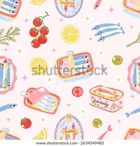 Seamless Sardines Pattern, Cute Fish Tins, Cherry Tomato and Lemon Decor, Nautical Summer Kitchen Digital Paper, Cottagecore Sardine Clipart, Hand Drawn Kawaii Sardines Illustration