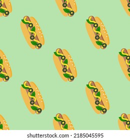  Seamless sausage pattern. Vector design for wallpaper, fabric, print, wrapping paper. 