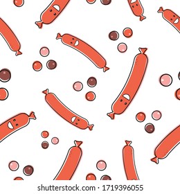 Seamless sausages pattern happy smiling food shapes and dots repeat endless background cover texture for textile, wrapping paper, wallpapers, curtains, clothing, linens, fashion fabric prints