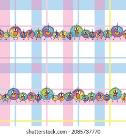 Seamless scalable vector children fabric pattern with chicks on tartan background in CMYK format for kids cloth Print and Digital use
