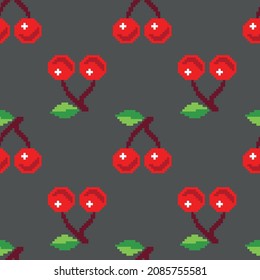 Seamless scalable vector children fabric pixelart cherry fruit pattern red grey colored background in CMYK format for kids cloth Print and Digital use