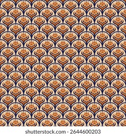 A seamless scallop pattern featuring stylized abstract flowers in warm orange, brown, and dark blue tones. A classic Art Nouveau or Batik style, ideal for textiles, wallpaper, background, floor tiles.