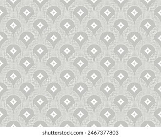 Seamless scallop pattern in grey and white. Vector graphic geo Art Deco style print for wallpaper, homeware, stationery, fabrics, home fashion, gift wrapping, upholstery. Dotted scale all over print.