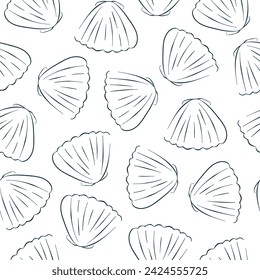 Seamless scallop pattern in line art style. Undersea blue background for printing, textile. Vector illustration on a white.