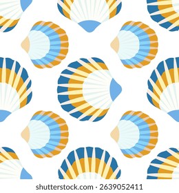 Seamless scallop shell pattern in blue, yellow, and white – coastal vector background with stylized marine motif for fabric, wallpaper, or wrapping