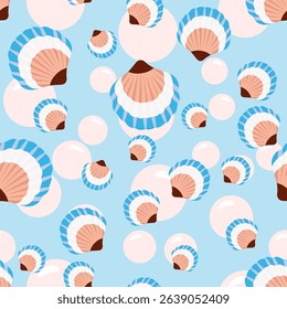 Seamless scallop shell pattern with bubbles or pearls on light blue background – playful marine vector design for kids’ fabric, beachwear, wallpaper, or packaging