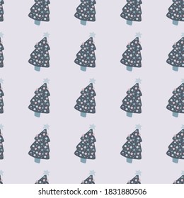 Seamless scandi pattern with fir tree new year silhouettes. Light pastel background with navy blue forest elements. Perfect for fabric design, textile print, wrapping, cover. Vector illustration.