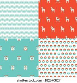 Seamless scandinavian chevron zigzag owl and deer illustration background pattern in vector