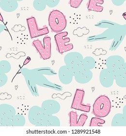 Seamless scandinavian childish pattern with clouds and birds. Lovely doodle pattern for kids. Vector illustration. Scandinavian style pattern template for fabric, wrapping, textile.