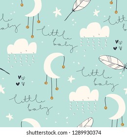 	
Seamless scandinavian childish pattern with clouds. Lovely doodle pattern for kids. Vector illustration. Scandinavian style pattern template for fabric, wrapping, textile.