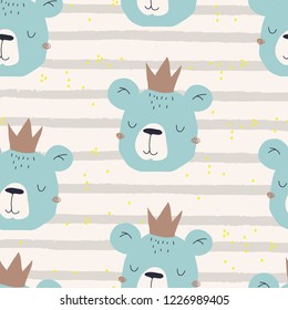 Seamless scandinavian childish pattern with cute bears. Vector illustration.