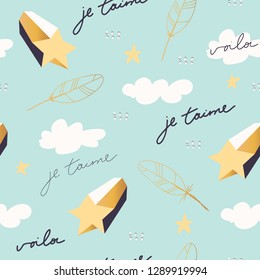 	
Seamless scandinavian childish pattern. Lovely pattern for kids with sign "Je T'aime" - I love you in english. Vector illustration. Scandinavian style pattern template for fabric, wrapping, textile.