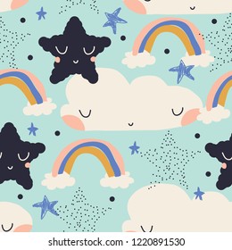 Patrón infantil escandinavo sin inconveniente con arcos de lluvia. Bonito patrón de doodle para los niños. Ilustración vectorial. Plantilla escandinava de estilo para tela, envoltura, textil.