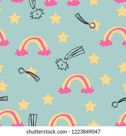 Seamless scandinavian childish pattern with rainbows. Lovely doodle pattern for kids. Vector illustration. Scandinavian style pattern template for fabric, wrapping, textile.
