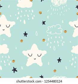 Seamless scandinavian childish pattern with stars. Lovely doodle pattern for kids. Vector illustration. Scandinavian style pattern template for fabric, wrapping, textile.