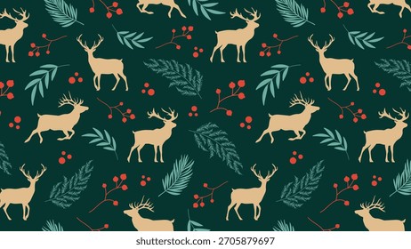Padrão de Natal escandinavo sem costura. Silhueta abstrata de renas e ramos de coníferas. Fundo para saudações, cartões postais, impressão, papel de embrulho