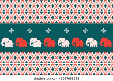 Seamless Scandinavian Christmas pattern featuring pixel art elephants with traditional Nordic ornaments in red and green. Perfect for festive textiles, holiday decorations, winter sweaters, and season