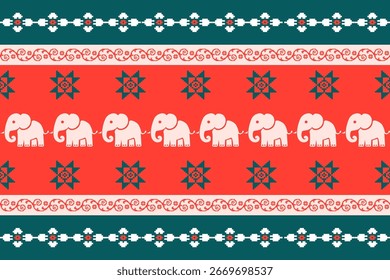Seamless Scandinavian Christmas pattern featuring pixel art elephants with traditional Nordic ornaments in red and green. Perfect for festive textiles, holiday decorations, winter sweaters, and season