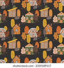 Seamless Scandinavian city. Endless background with cute houses, trees. Autumn season. Colorful flat vector Seamless pattern. Vector illustration in flat cartoon style.
